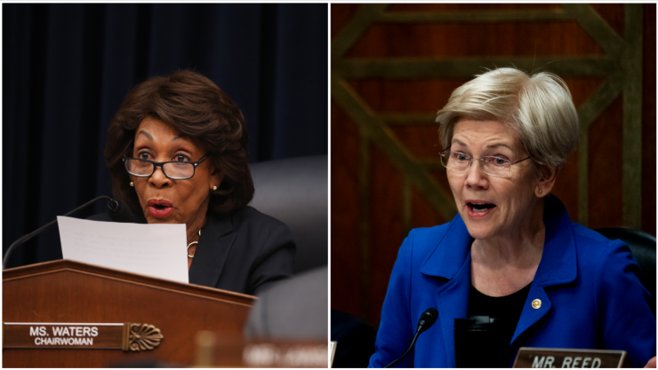 Democratic Sen. Elizabeth Warren of Massachusetts (right) and Rep. Maxine Waters of California (left).